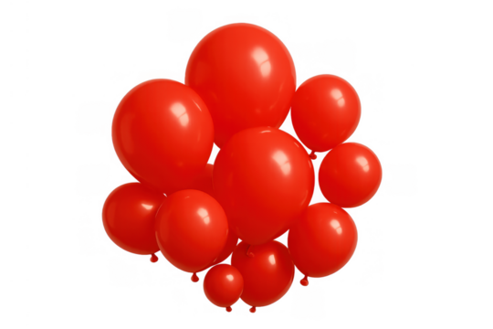 Red balloons bunch floating, celebrating party success, joy, event decorations, anniversary, valentine's day