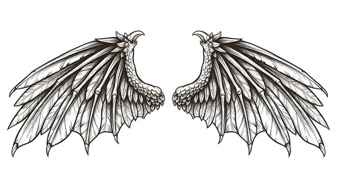 Hand-Drawn Dragon Wings Illustration &ndash; Detailed Black and White Fantasy Wing Sketch with Bone Structure, Mythical Creature Art for Tattoo, Design, and Coloring