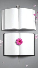 Two open books with blank pages lie against a grey backdrop. One book has a pink flower. Petals are scattered around