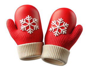 Pair of cozy red mittens with snowflake and cream trim on white background, winter apparel fashion