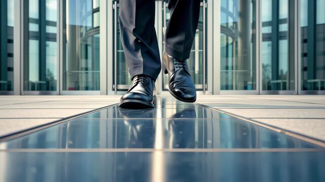 Polished black dress shoe business suit pant reflective floor tile modern office lobby revolving glass door confident stride businessman walking forward close up of polished leather shoe professional