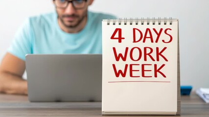 4 days work week notepad on desk laptop remote worker planning flexible schedule desk calendar businessman promoting reduced hours productivity improvement wellbeing
