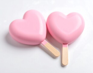Two pink heart-shaped frozen treats on wooden sticks against a white background
