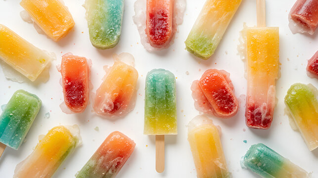 top down view of colorful popsicles evenly distributed in white background