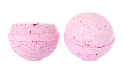 Two pink spherical bath bombs isolated on a white background