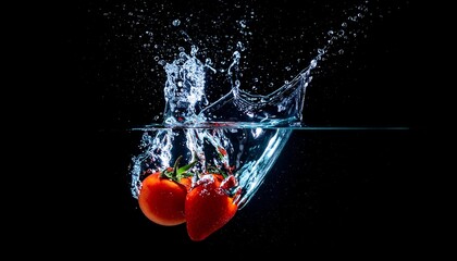 Two red, ripe tomatoes are submerged in water against a dark background, creating a dynamic splash. Water droplets scatter