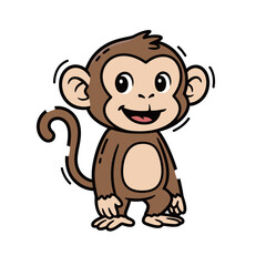 Happy and Smiling Cartoon Monkey Standing Upright, Cute Vector Illustration in Hand-Drawn Doodle Style for Jungle, Zoo, and Animal Graphics