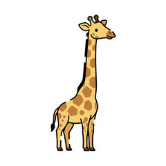 Tall and Elegant Giraffe Standing, Cute Cartoon Vector Illustration with Patterned Spots in a Simple Hand-Drawn Doodle Style for African Safari and Zoo Animals