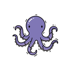 Bright Purple Octopus with Tentacles and Suction Cups, Cute Cartoon Vector Illustration in a Simple Hand-Drawn Doodle Style for Marine Life and Sea Creatures