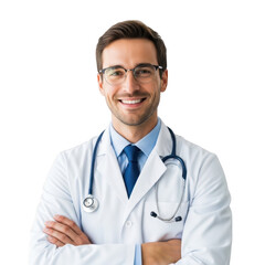 Smiling male doctor wearing glasses and stethoscope isolated on transparent background
