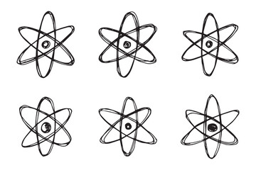 Set of hand drawn atom sign Molecule clipart in doodle style Symbol of science, education, nuclear energy, scientific research, molecular chemistry Single element for print, web, design