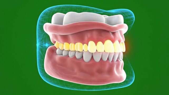 3D Medical Animation of Human Dental Arch with Gum Tissue and Teeth Isolated on Chroma Key Green Background for VFX Compositing and Motion Graphics