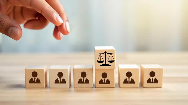 Law concept block with scale symbol above row of businessperson blocks implying legal hiring compliance selection equality and justice for corporate recruitment and ethical hiring practices