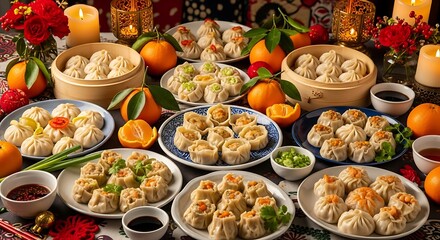 A delicious feast of diverse dumpling, orange and candle decorations