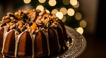 Decadent bundt cake with nuts and white glaze against bokeh lights