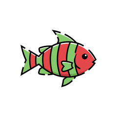 Tropical Striped Fish with Red and Green Colors, Cute Cartoon Vector Illustration in a Hand-Drawn Doodle Style, Ideal for Aquarium and Reef Life Graphics