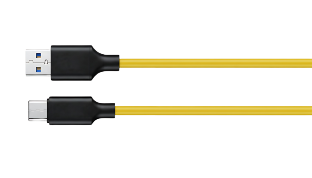 A yellow usb cable with usb a and usb c connectors on a black background in a horizontal orientation - Powered by Adobe