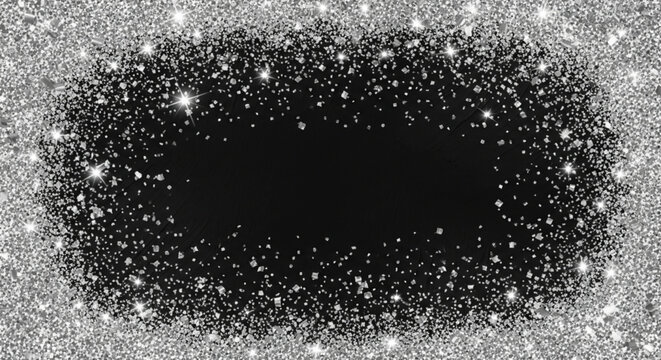 Sparkling dark background with a bright silver glitter and confetti border forming an irregular frame around a black center space. Perfect for invitations or New Year's greetings.