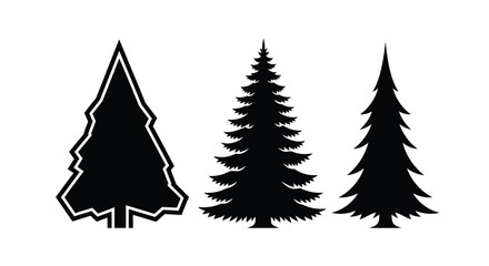 Fototapeta premium Three evergreen trees stand tall in a striking black silhouette style