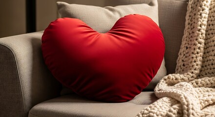 A red heart-shaped pillow sits on a cozy couch, evoking feelings of love and comfort