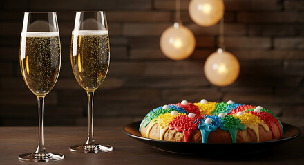 Celebration with champagne and rainbow cake