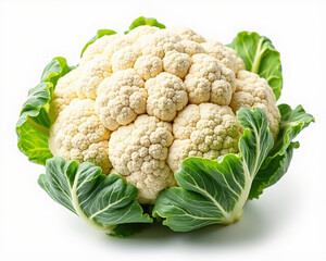 Fresh Cauliflower with Green Leaves Isolated on White Background Close Up