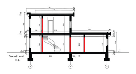 Detailed architectural plan presents building cross section view