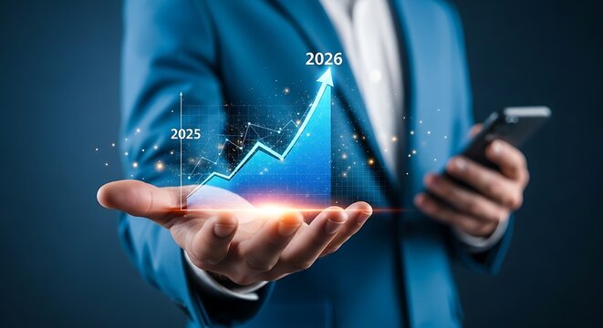 Businessman holding a glowing blue financial graph showing upward growth and success