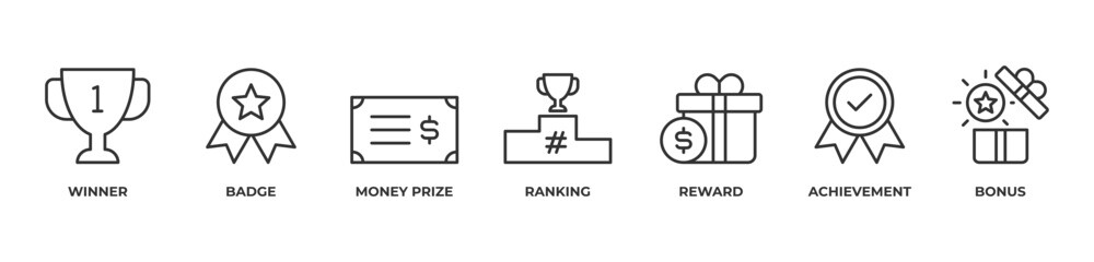 The Power of Recognition and Reward Icons set vector illustration outline with Winner, Badge, Money prize, Ranking, Reward, Achievement, Bonus
