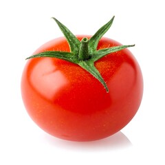 Vivid close-up shot of a ripe, glossy red fruit with green stem