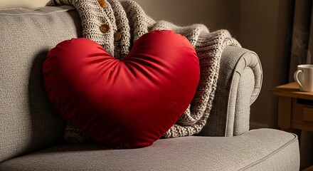 A heart-shaped red pillow resting on a comfy sofa with a cozy throw blanket