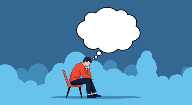 A person is sitting on a chair and thinking with a thought bubble above their head.