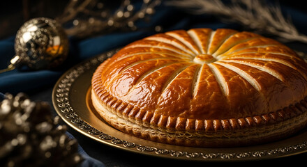 Golden brown savory pie with decorative crust on a vintage plate
