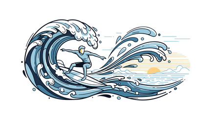 A surfer catches a massive wave with pixel art style.