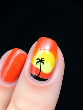 Close-up of three fingernails with orange sunset and palm tree nail art.