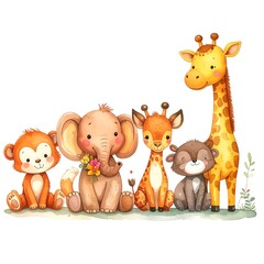 Watercolor illustration of smiling cartoon animals