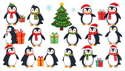 Whimsical assortment of cartoon penguins, Christmas tree, snowflakes, and festive gifts, all on a plain white backdrop