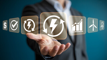 Businessman presents sustainable energy solutions with digital icons for growth and profit