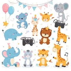 Whimsical illustrations depict a party scene with cheerful animals, balloons, confetti, and celebratory decorations