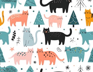 Whimsical pattern with stylized cats, trees, and scattered decorations