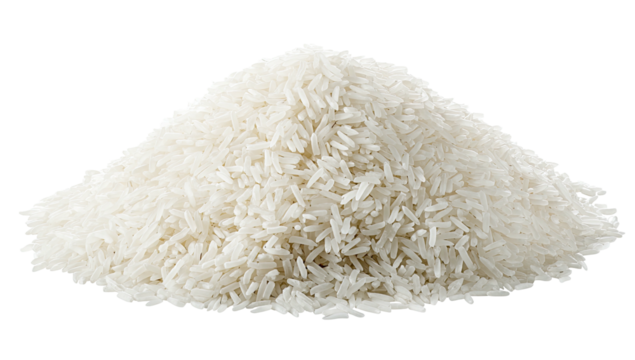 A mound of uncooked, white, long-grain rice isolated on a black background
