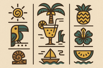 Obraz premium Nine colorful square icons of tropical elements: palm, sunset, fish, flower, drink, shell, pineapple, wave.
