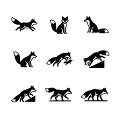 Obraz premium Black Silhouette Fox Icon Set in Different Poses and Hunting Actions