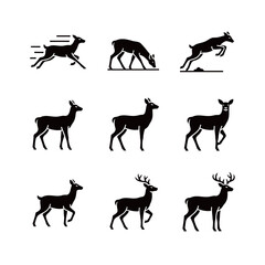 Obraz premium Black Silhouette Deer and Doe Icon Set in Various Standing and Running Poses