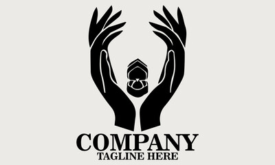 Black silhouette of two hands gently opening a small ring box vector illustration, one hand holding the base and the other lifting the lid. Inside the box, vector illustration