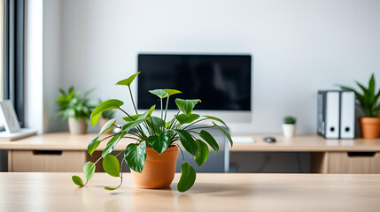 An elegant green plant adorns a sleek office desk, emphasizing the blend of nature and productivity in a modern workspace conducive to creativity and focus.