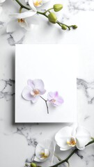 White and purple orchids gracefully positioned on a marble surface