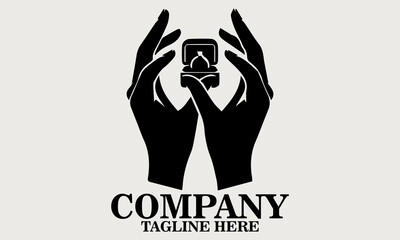Black silhouette of two hands gently opening a small ring box vector illustration, one hand holding the base and the other lifting the lid. Inside the box, vector illustration