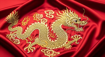 Golden Dragon's Embrace: A symbol of power, the majestic golden dragon weaves across a vibrant red fabric, its intricate details and cultural significance radiating in this captivating visual