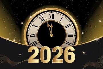 Golden new year 2026 clock face with sparkling lights and confetti